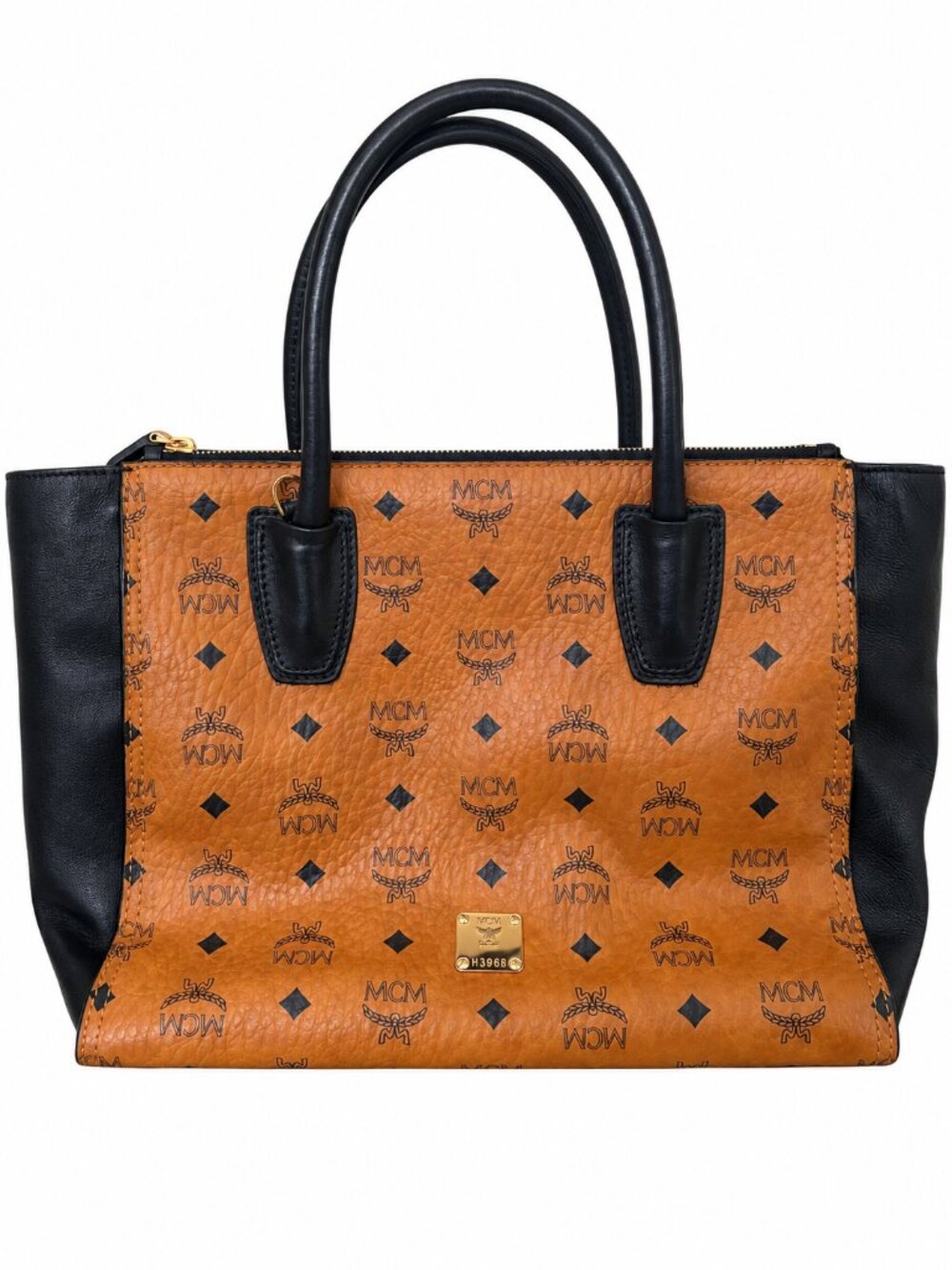 MCM Medium Visetos Double Zip Kathy Tote Cognac Black w/ Sealed Strap